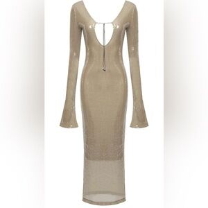 Sequin V Dress with Drawstring Long Sleeve